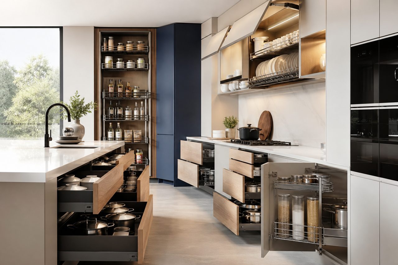 Modern kitchen fittings, drawers and storage accessories